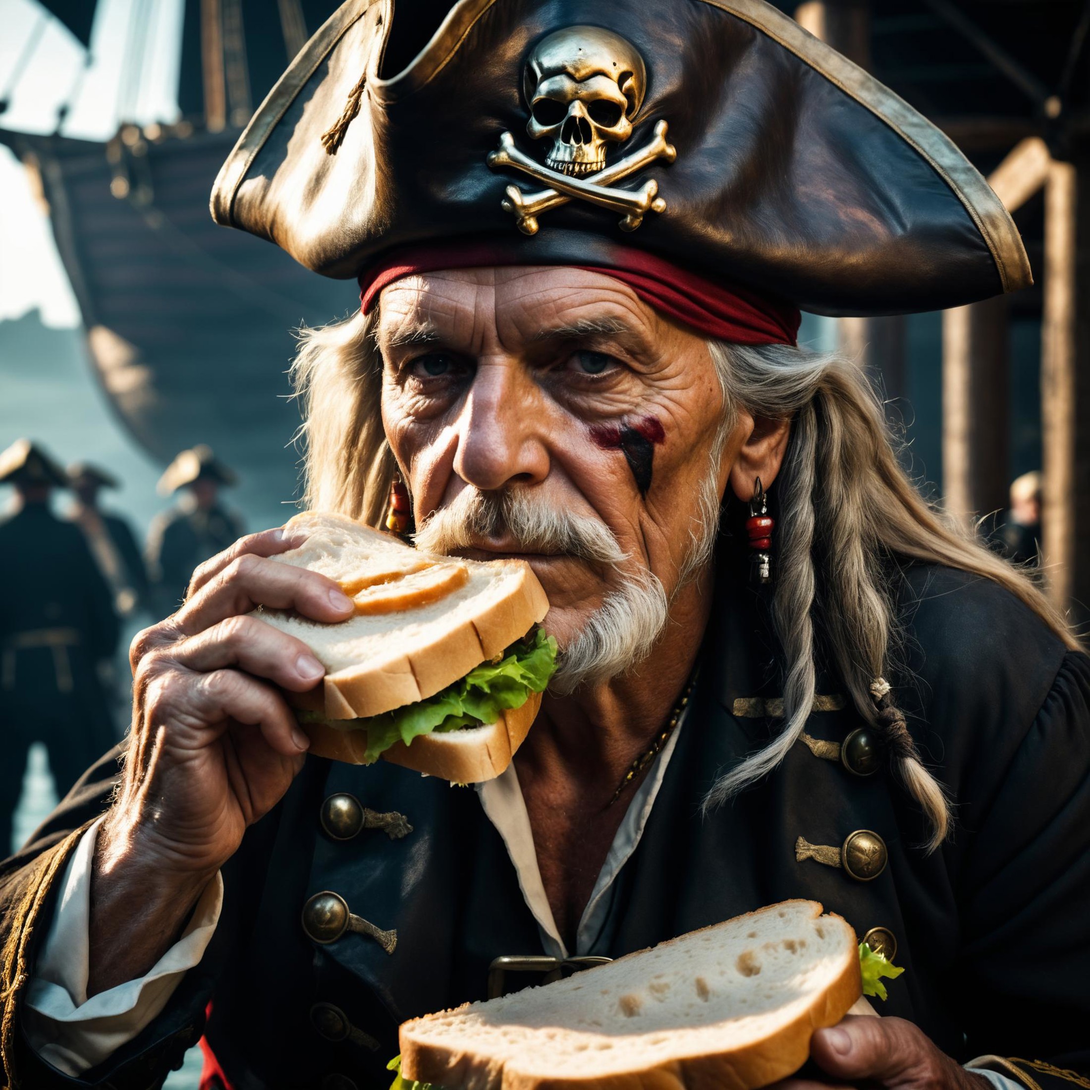 photo of old pirate captain eating a sandwich,  looks at viewer, cinematic shot, hard shadows
